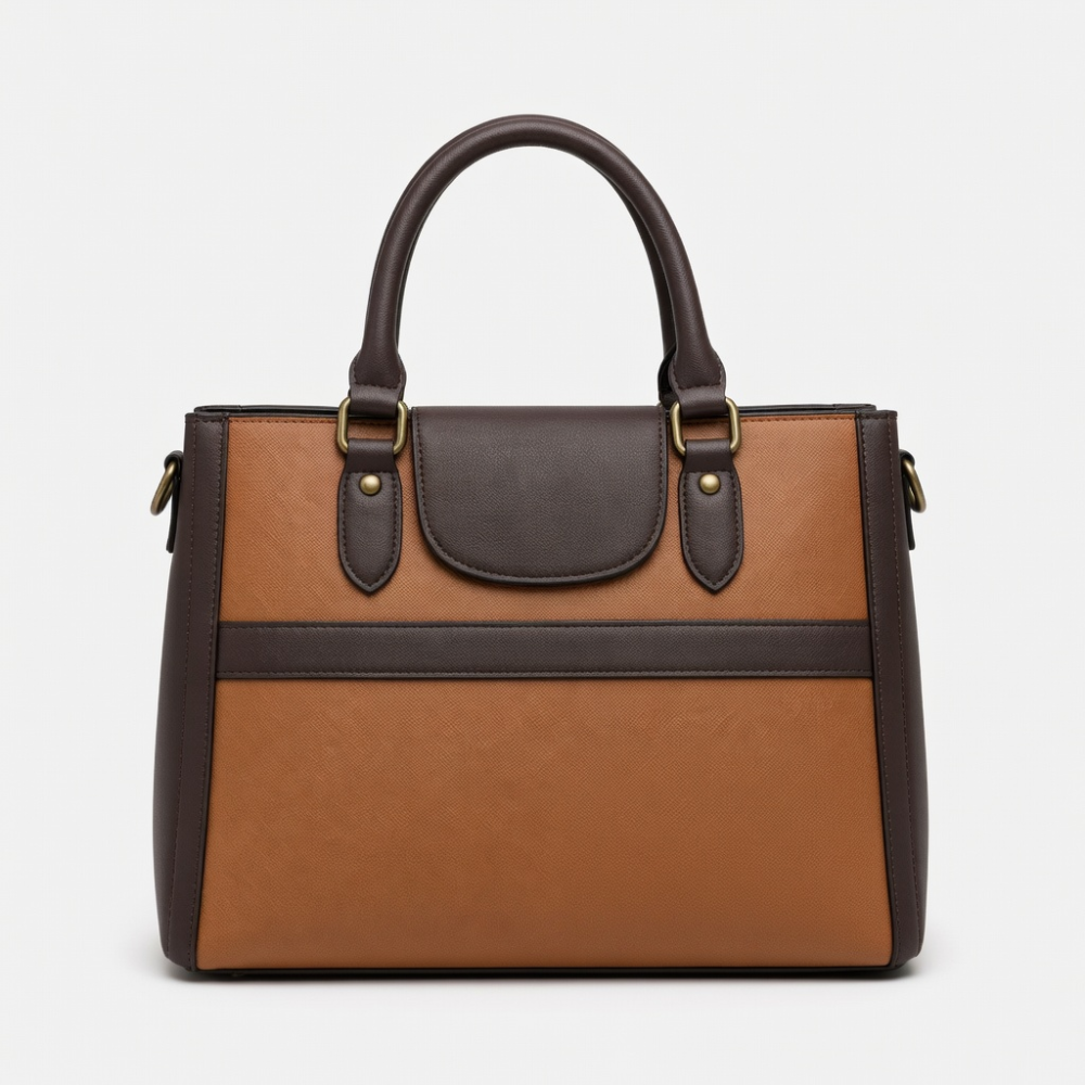 Two-Tone Brown & Tan Structured Tote Bag – Elegant Top Handle Handbag