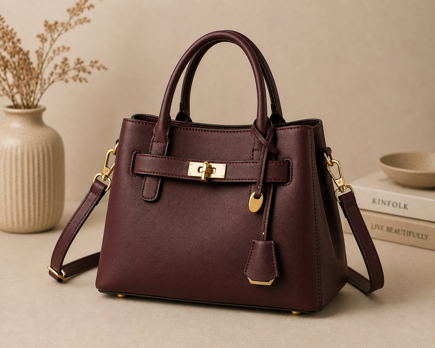 Structured Brown Leather Handbag – Elegant Top Handle & Shoulder Bag