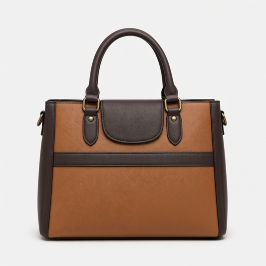 Two-Tone Brown & Tan Structured Tote Bag – Elegant Top Handle Handbag