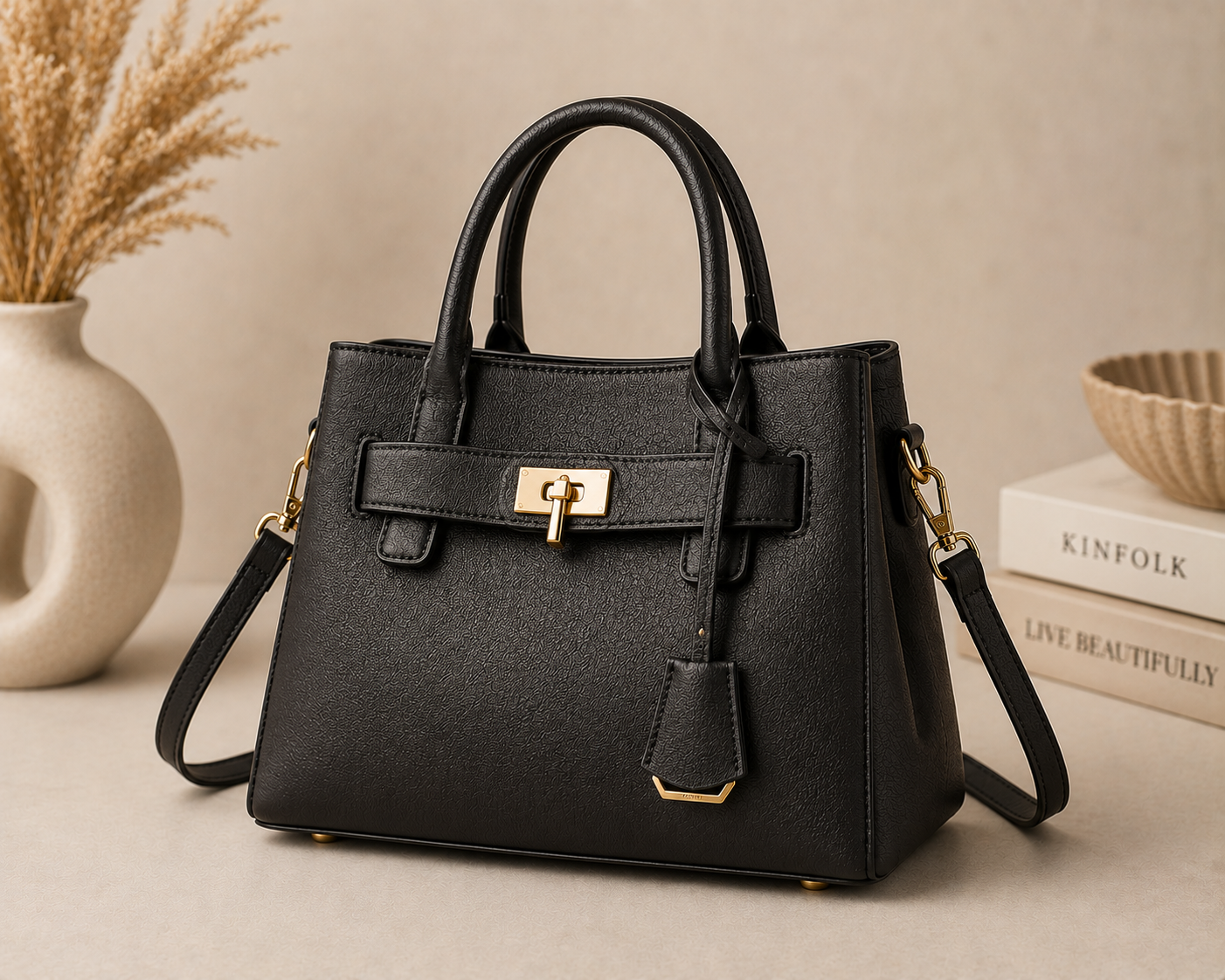 Elegant Black Structured Leather Handbag – Top Handle & Shoulder Bag