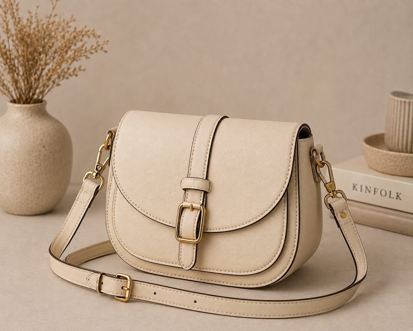 Elegant Beige Leather Crossbody Bag – Buckle Detail Shoulder Bag