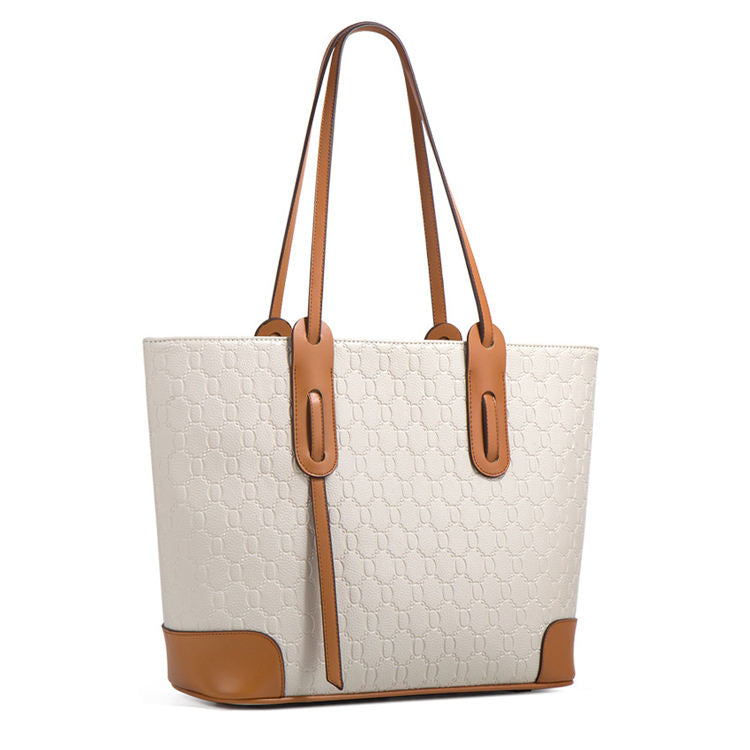 Elegant Textured Cream Tote Bag – Tan Detail Shoulder Handbag