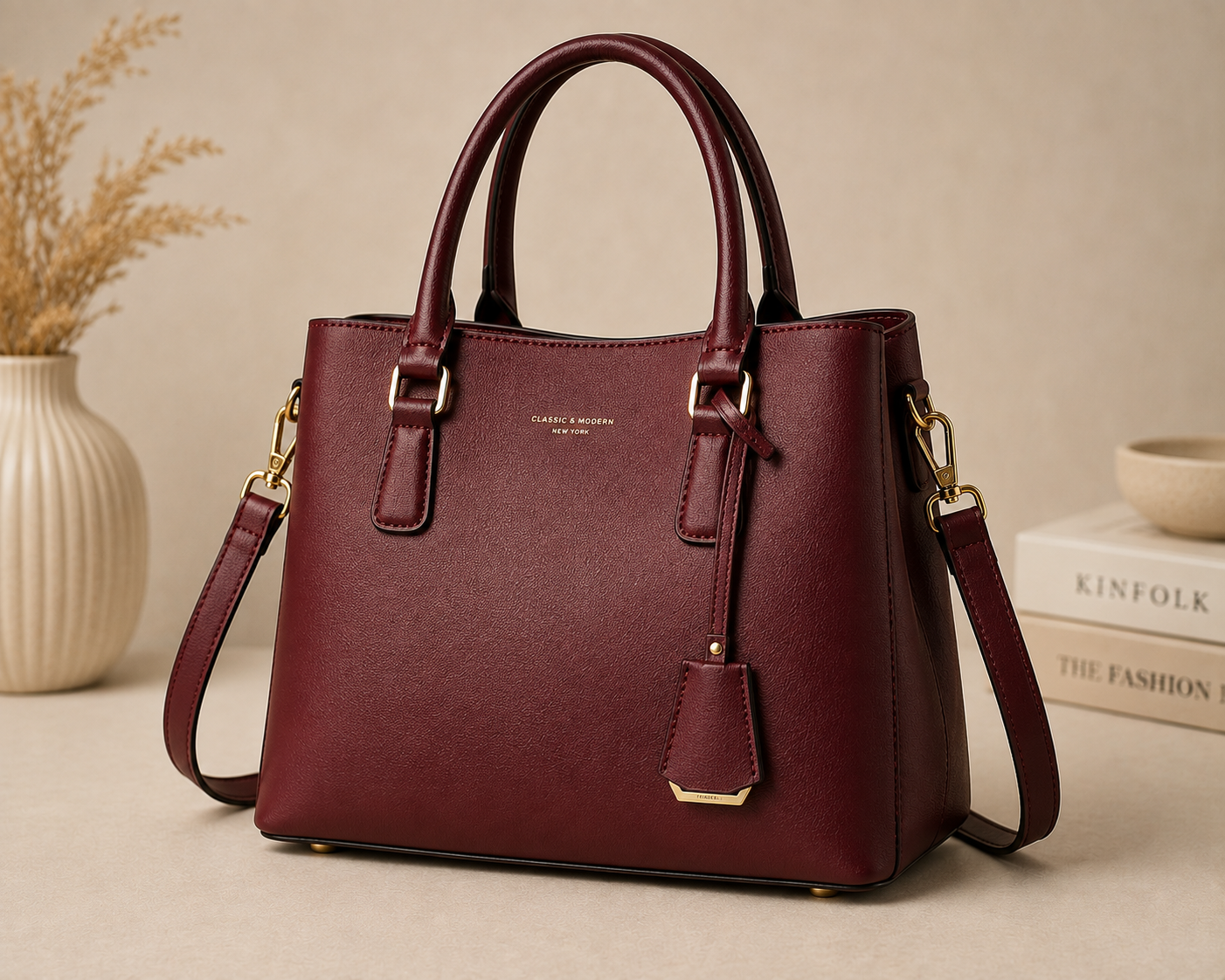 Elegant Burgundy Leather Tote Bag – Structured Top Handle & Shoulder Bag