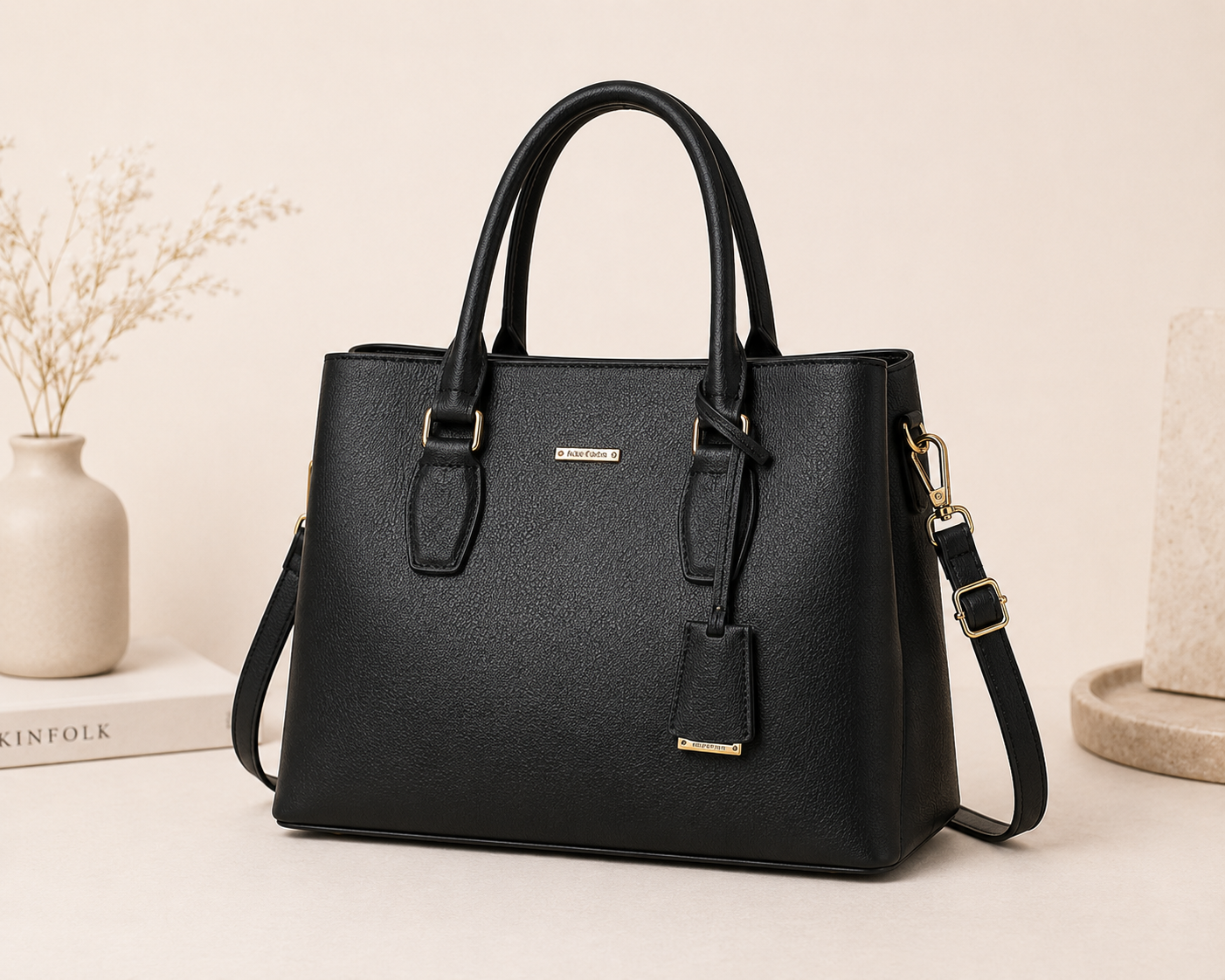 Classic Black Structured Leather Tote Bag – Elegant Top Handle & Shoulder Bag